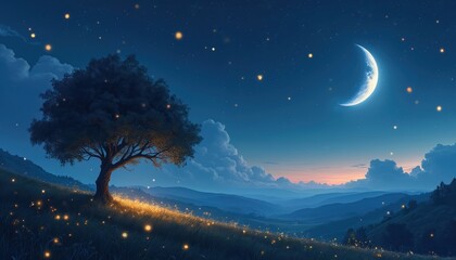 Naklejka premium Landscape shows night view with sky stars. Moon is visible above hills. Glowing fireflies flying around tree on meadow in dusk. Serene nature scene with calmness atmosphere.