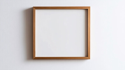 An empty wooden frame mockup hanging on a white wall, shown from a top view, providing minimalist design with blank space for artwork or poster presentation.