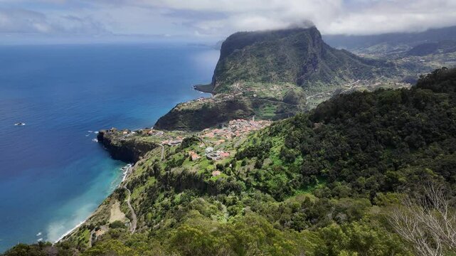 Scenic panoramic view from Miradouro do Curtado on a summer morning, Faial, Madeira island, Portugal.
