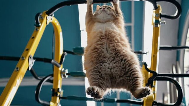 Playful cat demonstrates extraordinary gymnastics skills. Feline performs unexpected acrobatic maneuver on home exercise equipment. Close-up view from below.