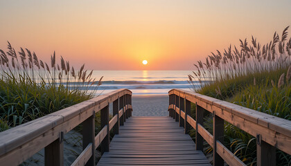 Obraz premium Beach Sunset Scenic Ocean View with Wooden Boardwalk