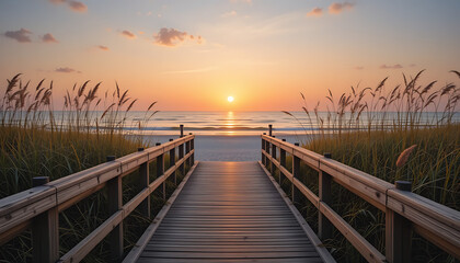 Obraz premium Beach Sunset Scenic Ocean View with Wooden Boardwalk