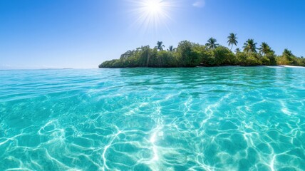 Fototapeta premium Pristine turquoise waters washing secluded tropical island, verdant palms framing white sandy shore under blazing sunlight background