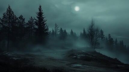 Fototapeta premium Mysterious foggy night exploring nature's beauty enchanted forest landscape photography serene environment atmospheric viewpoint