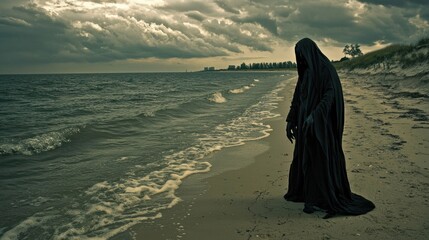 The image shows a humanoid figure wearing a black robe or cloak with a hood covering their entire body . The figure is standing on a beach with a mix of pebbles and sand near the ocean, which has roug