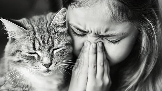 Girl sneezing next to cat due to pet allergy - concept of allergic reaction