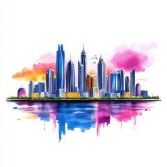 Colorful watercolor skyline of a modern city with vibrant reflections on water at sunset, artistic urban landscape