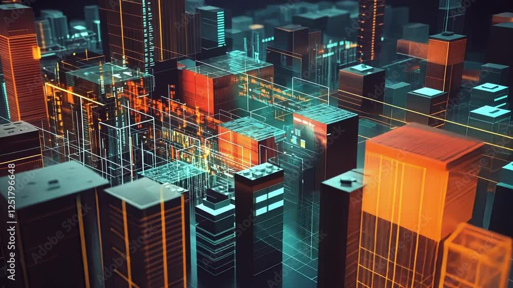 Poster complex data streams and code fragments intertwining to create holographic cubes, flowing seamlessly