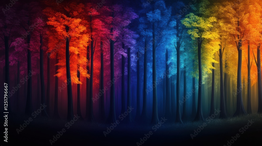 Poster vivid rainbow trees in enchanted forest setting with colorful leaves and depth of field effects