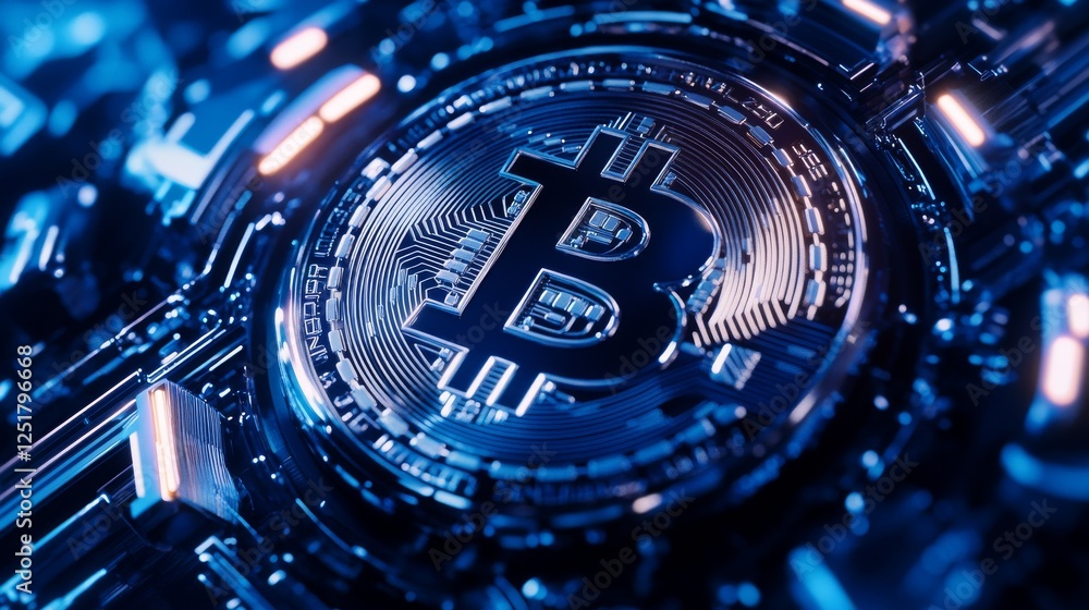 Poster digital representation of cryptocurrency coin with intricate circuitry