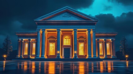Majestic bank building at night soft lighting architectural photography urban scene