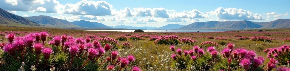 Obraz premium Rannoch Moor heather in bloom with a blue sky, wetlands, rugged terrain, blooming flowers
