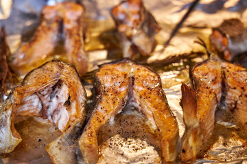 grilled salmon steaks lying on a tray in the oven close-up