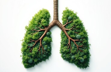 Illustration of lungs formed by rich green trees, branches resembling bronchi on white backdrop. Concept for healthy environment, breathing, nature, eco, Earth preservation, ecological awareness,
