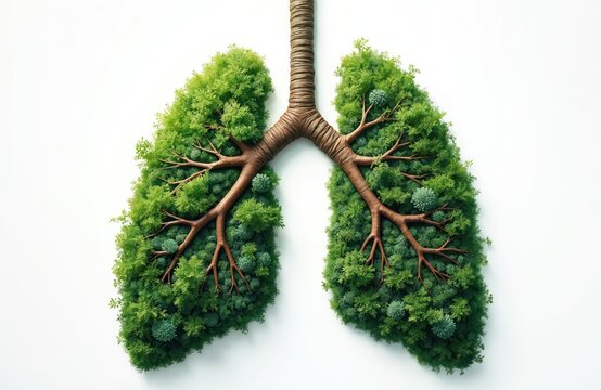 Illustration of lungs formed by rich green trees, branches resembling bronchi on white backdrop. Concept for healthy environment, breathing, nature, eco, Earth preservation, ecological awareness,