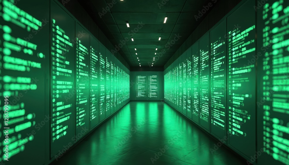 Leinwandbilder Illustration of server room with green computer code on screens. Data center mining farm. Futuristic background with digital information. Cyberspace tunnel. Database, cybersecurity concept. Coding