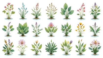 A set of water plant illustrations on a white background