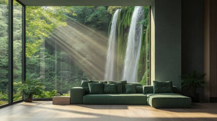 Modern Living Room With A Forest View And Waterfall Soundscape With Sunlight Streaming Through The Windows