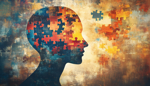 Human Head Profile with Jigsaw Puzzle, Cognitive Psychology Concept AI Generated