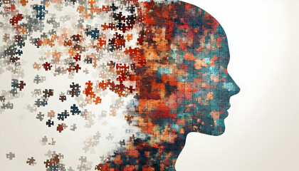 Human Head Profile with Jigsaw Puzzle, Cognitive Psychology Concept AI Generated
