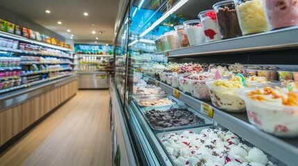 Fototapeta premium Colorful Display of Ice Cream Desserts in Convenient Store Aisle