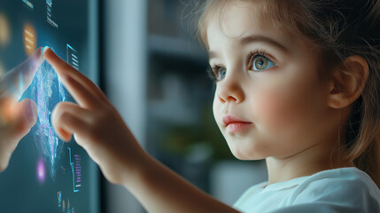 Focused young girl using a futuristic touchscreen display.