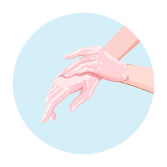 Application of a paraffin mask on female hands. Spa skincare wellness routine icon for infographics, presentations, web design, poster, banner. Modern flat style. Vector colorful illustration.