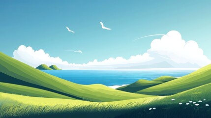 Obraz premium Breathtaking coastal view with lush green hills serene ocean nature landscape daytime tranquil scenery