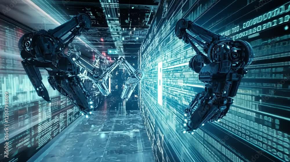Poster robotic arms operating within a futuristic server room manage a digital data stream, illustrating au