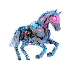 Obraz premium Robotic Horse with Glowing Neon Eyes and Chrome Body Isolated on Transparent Background