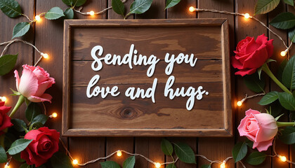 Wooden frame displaying the message "Sending you love and hugs" surrounded by roses and fairy lights, copy space