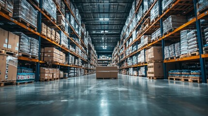 Fototapeta premium Expansive Warehouse Interior with Shelves of Packaged Goods and Pallets