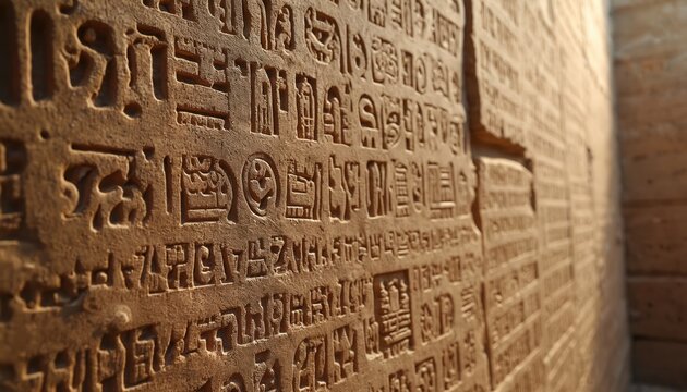 Close-up on ancient civilization stone wall carvings. Undeciphered cuneiform, hieroglyphs like Sumerian, Babylonian, Egyptian writing. Concept of history, mystery, script, secret, puzzle, signs,