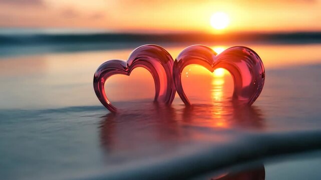 Two glass hearts stand on the ocean shore, reflecting the warm light of the setting sun, creating a romantic atmosphere.
