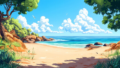 Idyllic summer beach scene with vast open space and clear skies, perfect for a vacation backdrop AI Generated