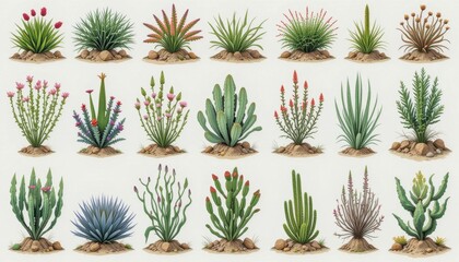 A set of xeriscape plant illustrations on a white background