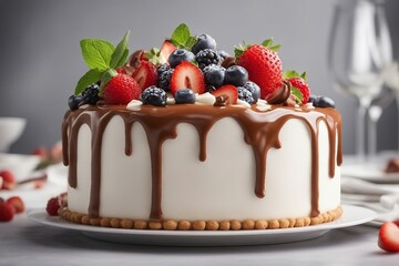 Delectable Santa-themed Christmas Cake with Juicy Strawberries. Generative AI