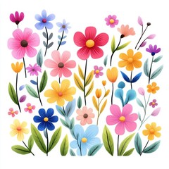 Fototapeta premium Colorful Floral Arrangement with Various Flowers and Vibrant Leaves on a White Background for Design Projects