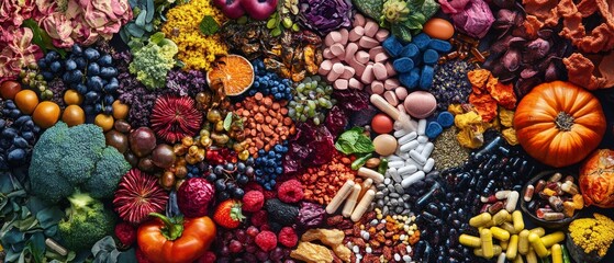 Fototapeta premium Vibrant collage of various fruits, vegetables, and supplements showcasing nature bounty