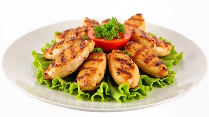 Grilled Chicken Breast Nuggets on a Bed of Lettuce with Tomato and Parsley Garnish
