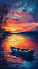 Fototapeta premium Serene Sunset Over Calm Waters with a Boat and Vibrant Sky