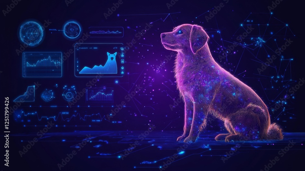 Poster digital illustration of glowing dog surrounded by data visualizations and graphs, showcasing blend o