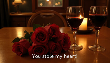 You stole my heart! text with red roses and glasses of red wine on the romantic dinner table, copy space