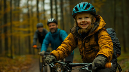 Happy child riding a mountain bike in the forest on an autumn day