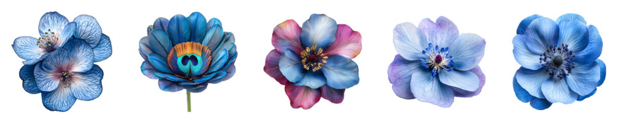 Naklejka premium Set, Group of Peacock flower Isolated on Transparent Background&nbsp;PNG&nbsp;Image.