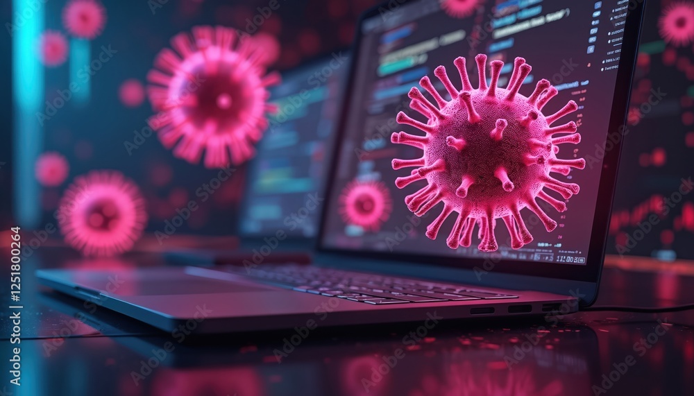 Poster illustration of laptop infected with computer virus. digital threat pink malware displayed on screen
