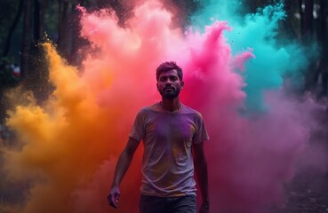 Obraz premium Young man walks in multicolored smoke cloud. Indian guy celebrates Holi festival with paint powder explosions. Rainbow colors burst around person. Hindu culture event with ash, splatters, vibrant