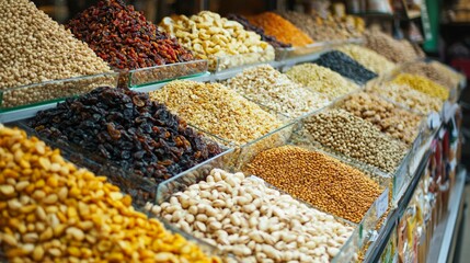 Colorful Display of Various Dried Grains and Nuts in Market