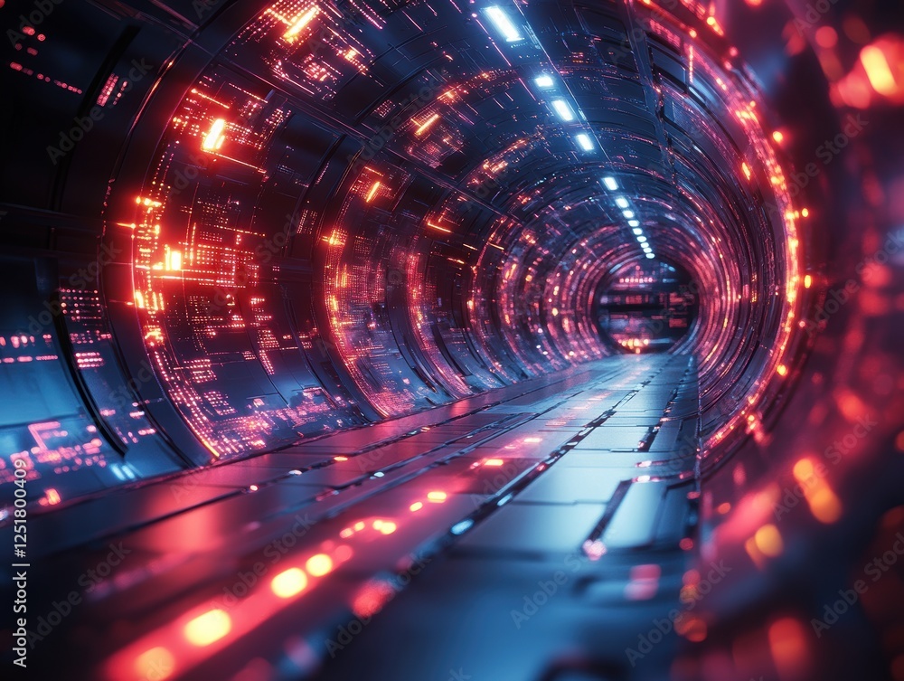Poster a futuristic tunnel with glowing lights and digital patterns.