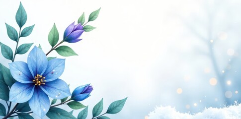 Watercolour blue and purple flowers with leaves in a corner, wintervibes, greeneryarrangement, freshlook